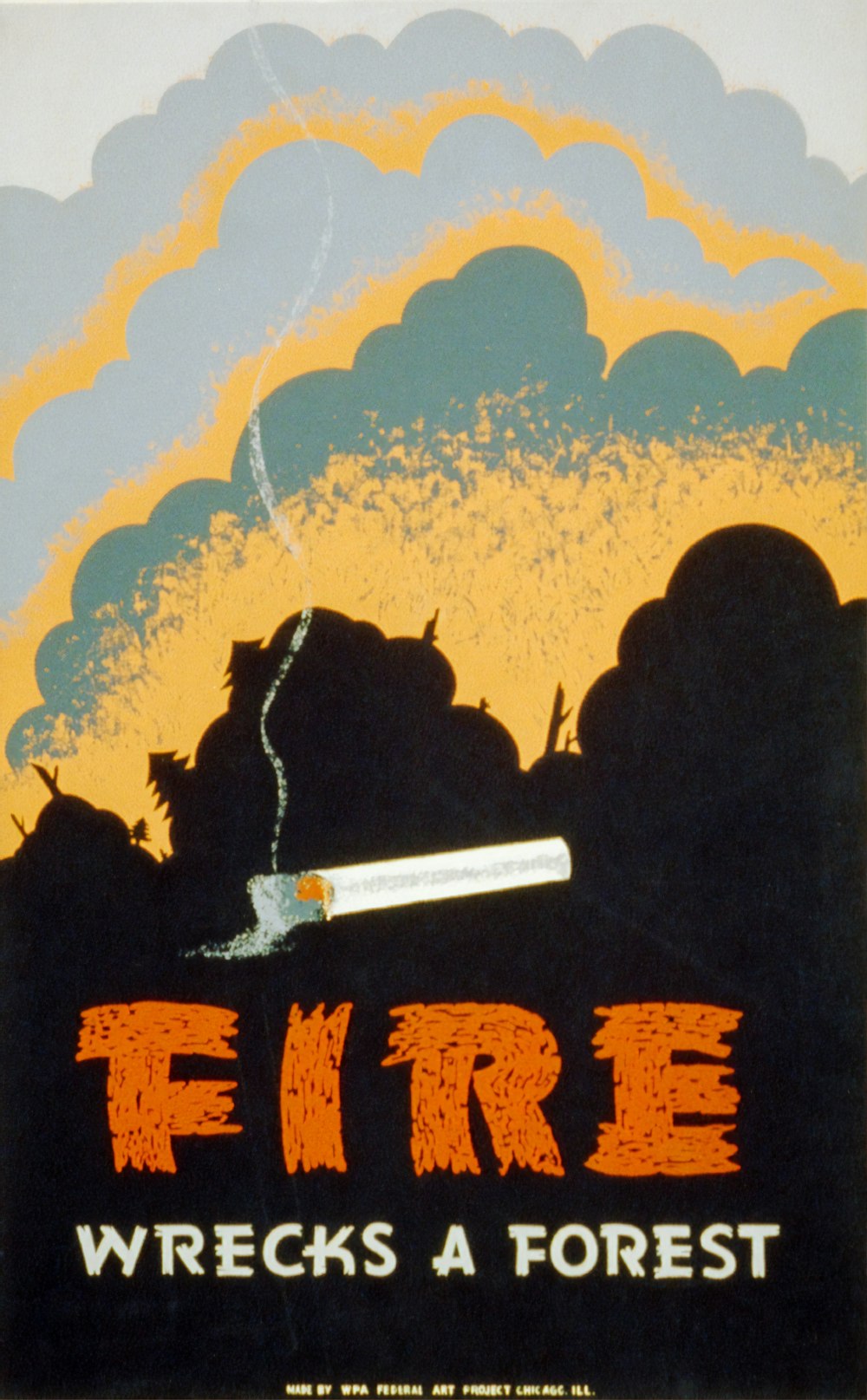 Un incendio destruye un bosque, póster de WPA
