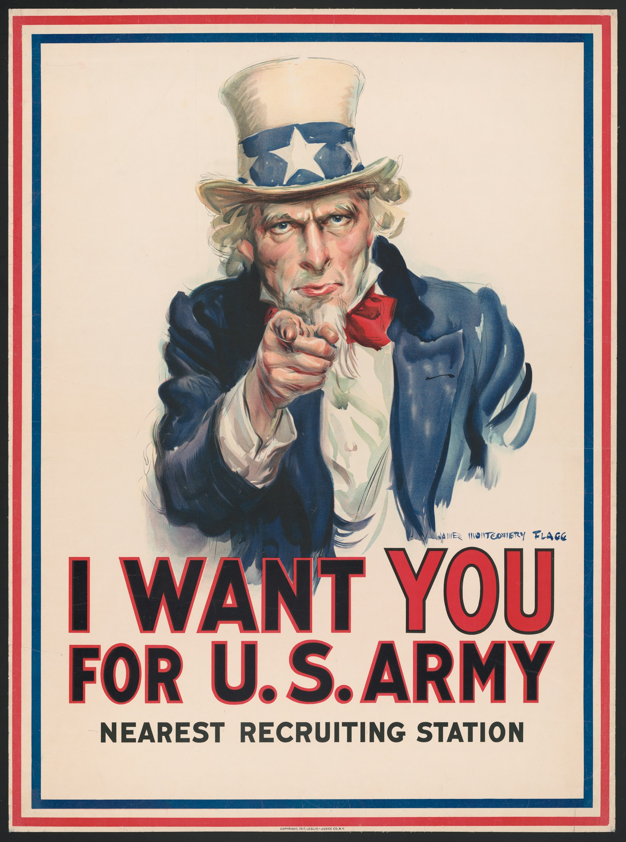 I want you for U.S. Army: nearest recruiting station. Poster by James Montgomery Flagg, ca. 1917. From the Posters: World War I Collection. Library of Congress Prints & Photographs Division.

https://www.loc.gov/item/96507165/