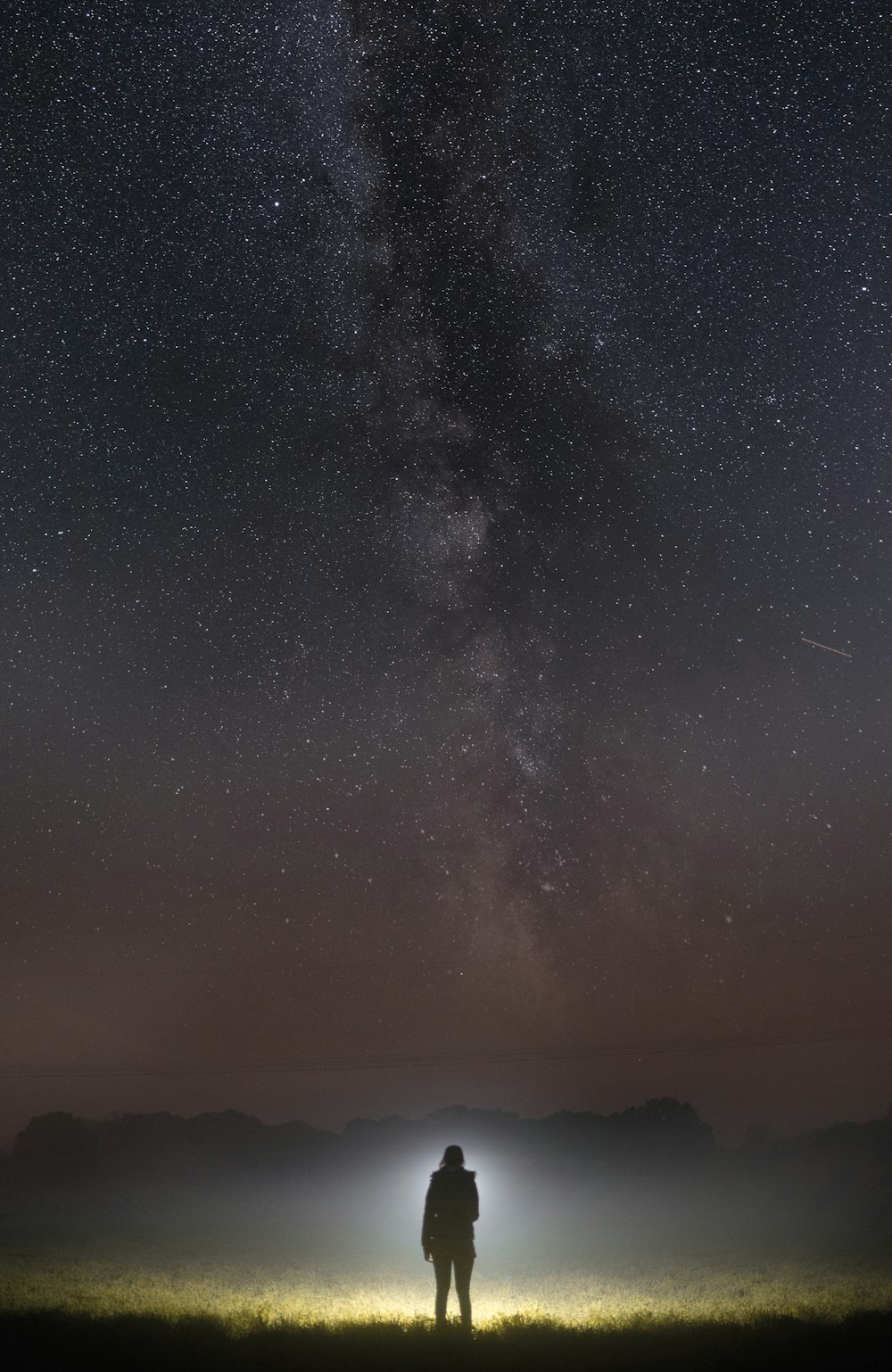 a man standing in a field under a night sky filled with stars