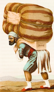 a drawing of a man carrying a large sack