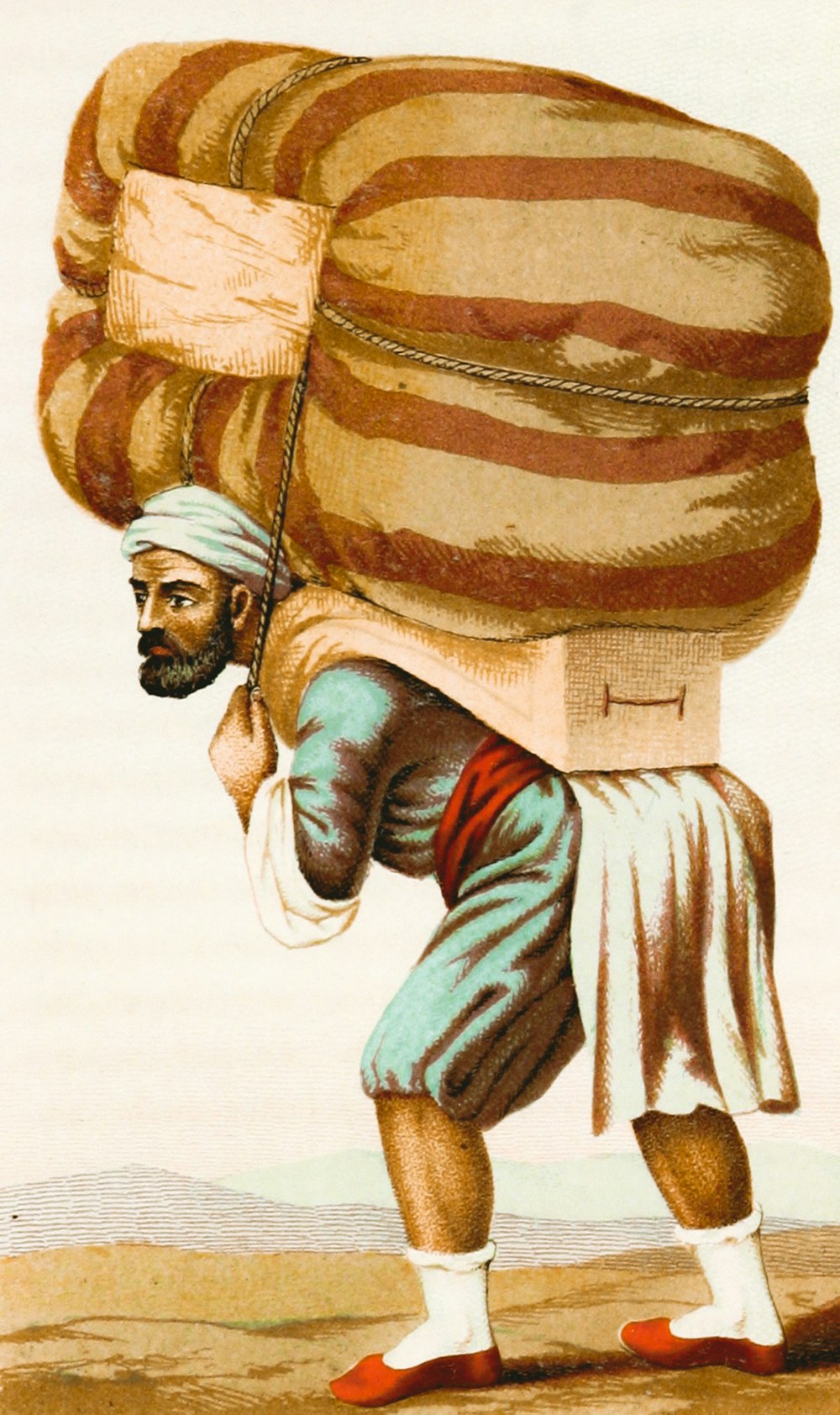 a drawing of a man carrying a large sack