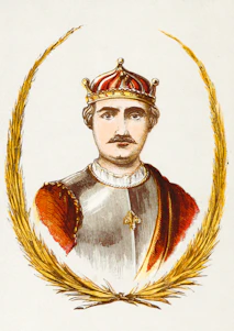 A regal portrait of a king in traditional English royal attire, symbolizing heritage and faith.
