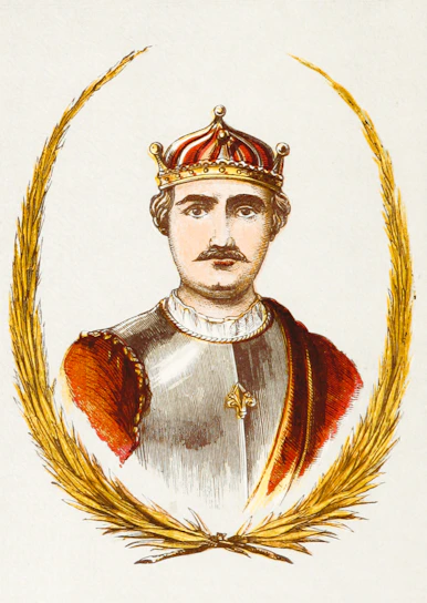 A regal portrait of a king in traditional English royal attire, symbolizing heritage and faith.
