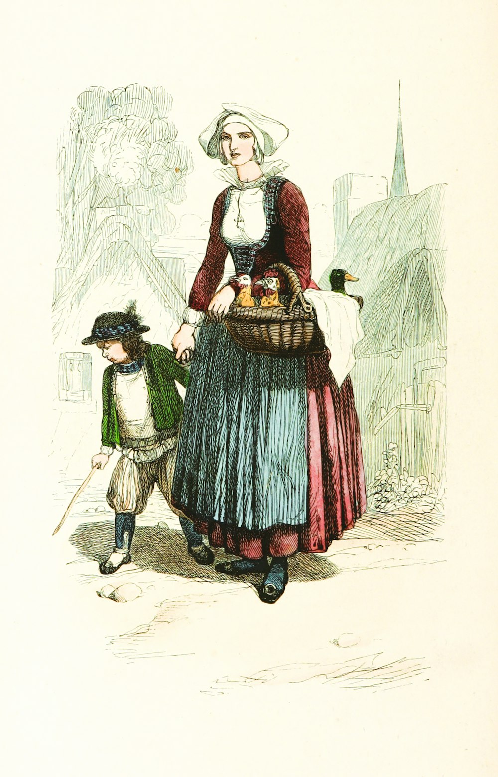 a drawing of a woman carrying a basket of food