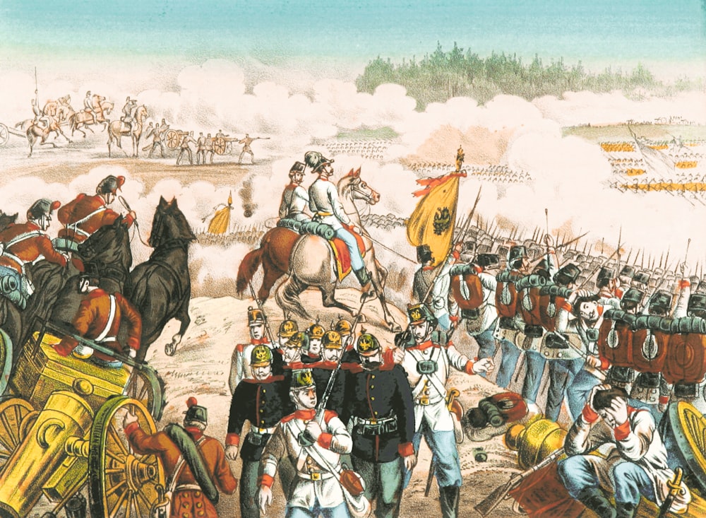 a painting of a military scene with men on horses