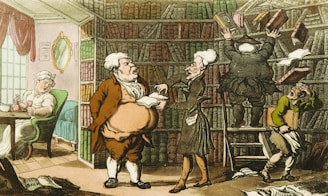 A chaotic library scene featuring three men in front of towering bookshelves. One man gestures with an open book, another stands on a ladder trying to manage a cascade of falling books, while the third clutches a book and shields his head. A fourth person sits in the background, casually having tea, seemingly oblivious to the chaos.