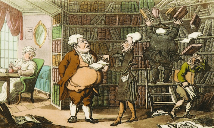 A chaotic library scene featuring three men in front of towering bookshelves. One man gestures with an open book, another stands on a ladder trying to manage a cascade of falling books, while the third clutches a book and shields his head. A fourth person sits in the background, casually having tea, seemingly oblivious to the chaos.
