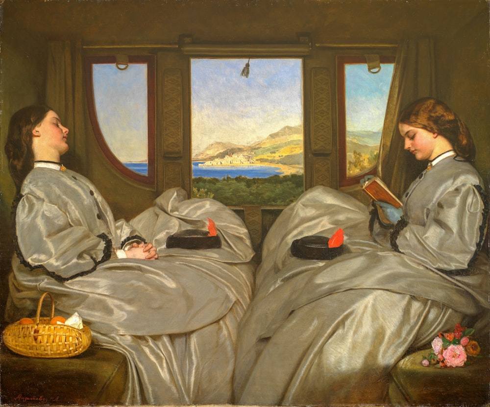 uma pintura de duas mulheres na cama olhando pela janela