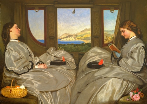 a painting of two women in bed looking out a window