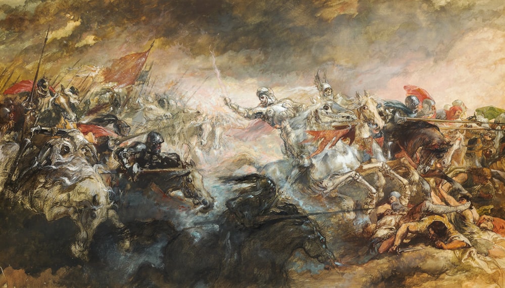 uma pintura de um grupo de homens em cavalos