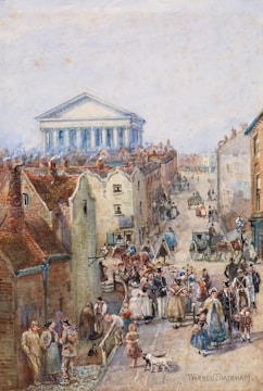 A detailed illustration of a bustling 18th-century Georgian street scene with people and horse-drawn carriages.