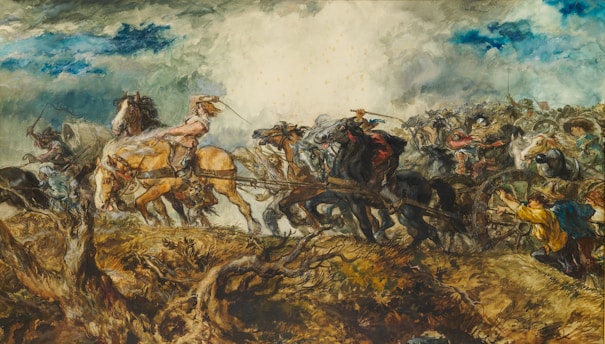 A dramatic battlefield scene with soldiers clashing under a stormy sky.