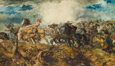 Dynamic scene of a horseback chase with dust clouds and intense motion blur