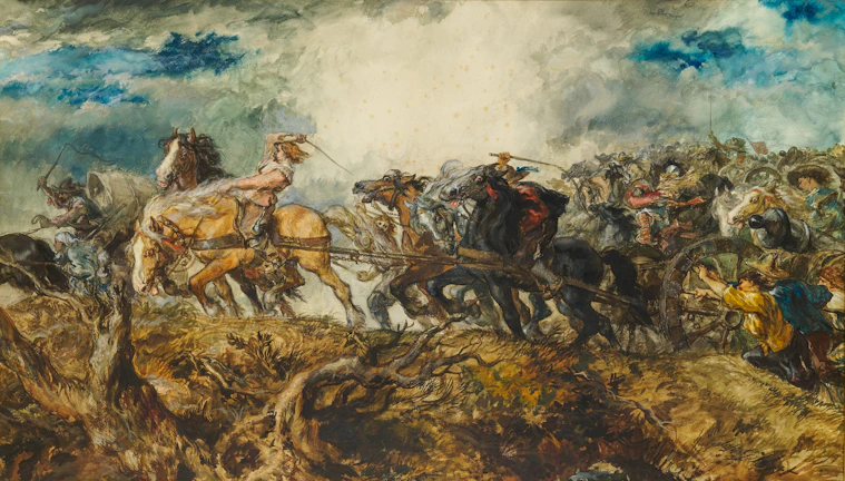 A dynamic battle scene from an adventure game featuring heroes and mythical creatures.