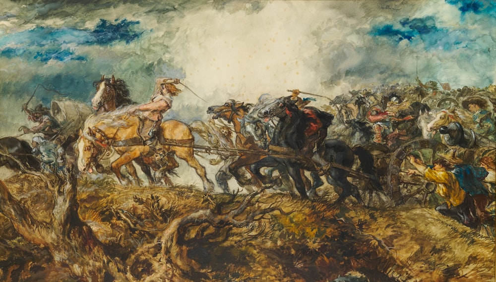 une peinture d’un groupe d’hommes à cheval