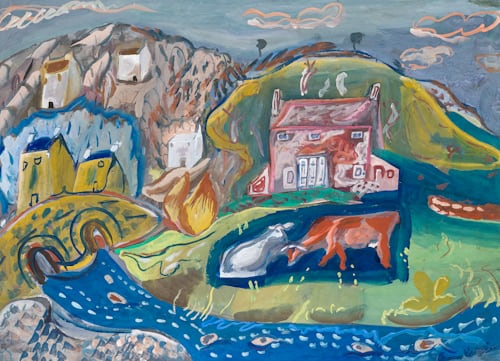 painting of two cows in front of home that by a river, pasture and mountains