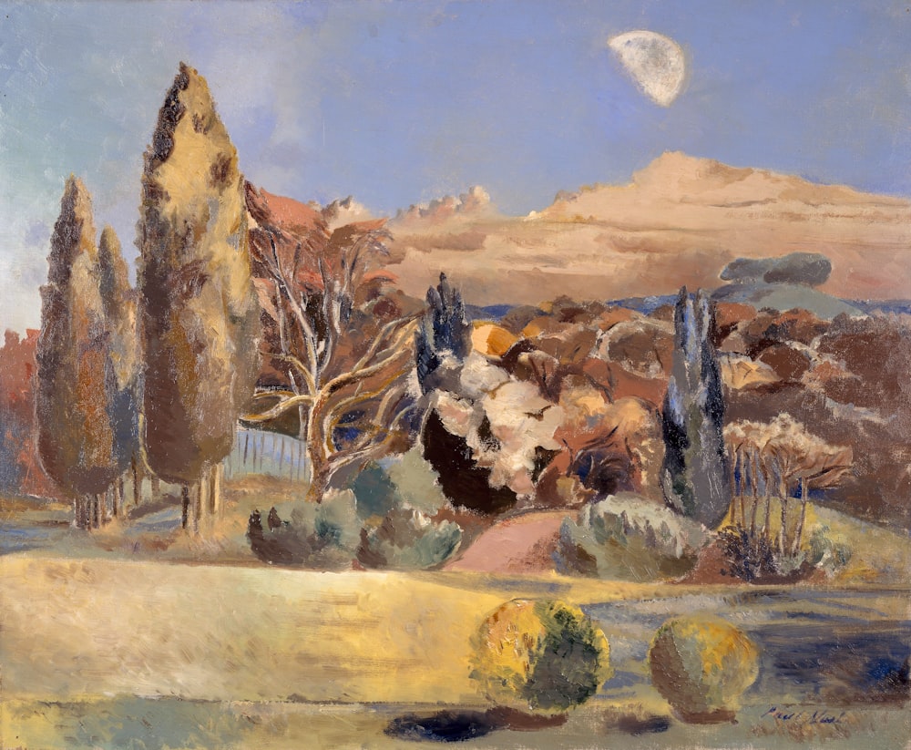 uma pintura de uma paisagem com árvores e montanhas ao fundo