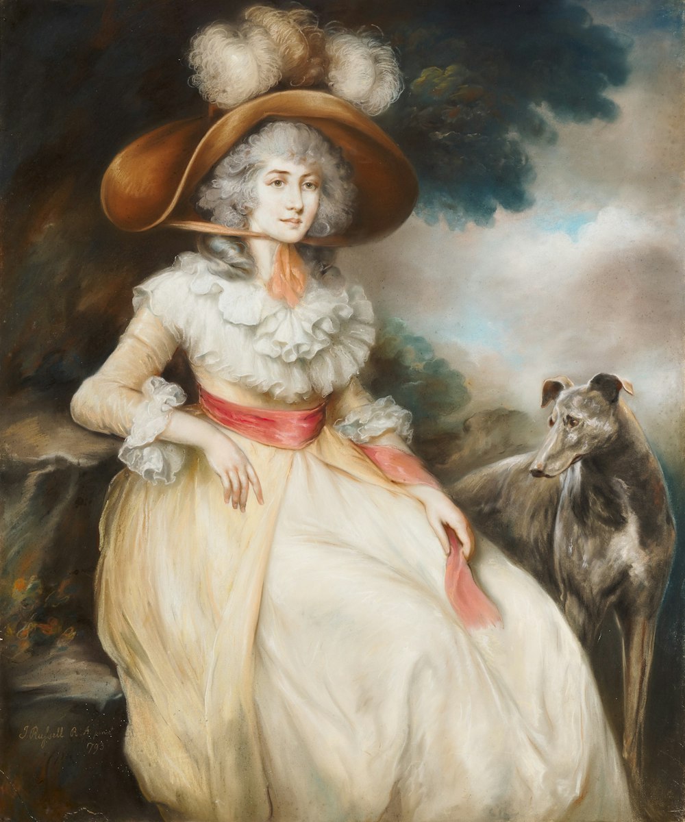 ein Gemälde einer Frau mit einem Hund