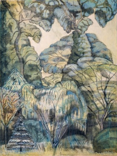 a drawing of trees and mountains with a sky background