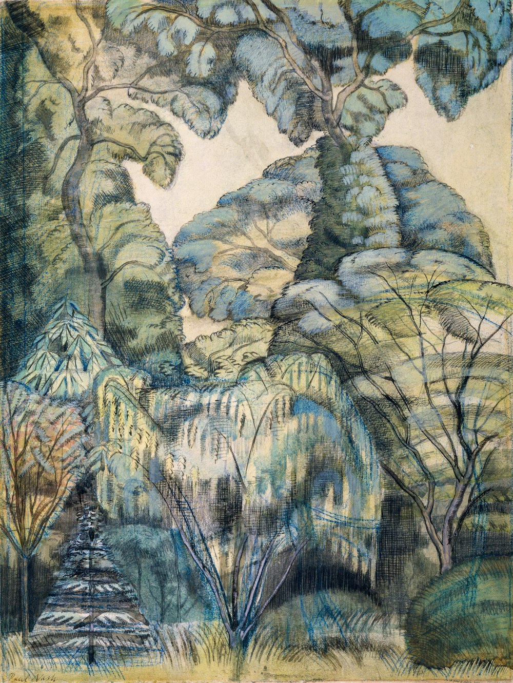 a drawing of trees and mountains with a sky background