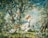 a painting of two girls and a dog in a forest