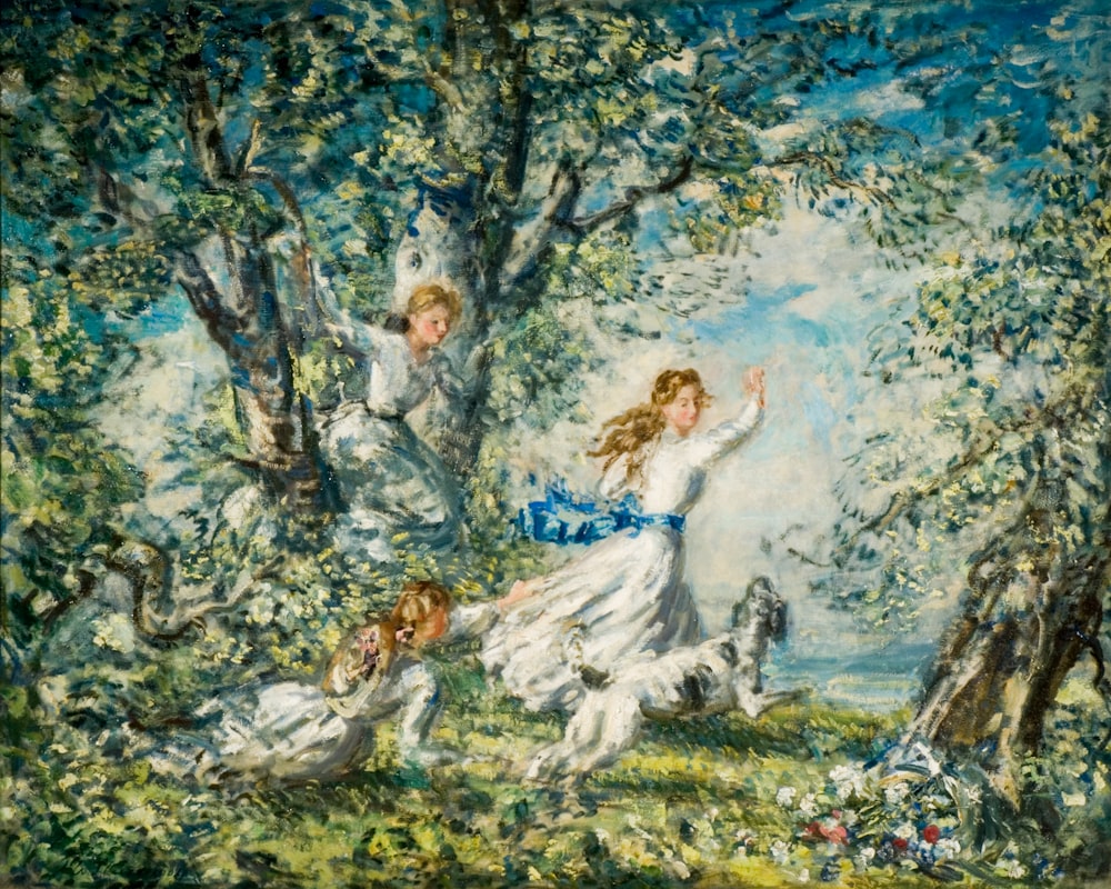 Una pintura de dos niñas y un perro en un bosque