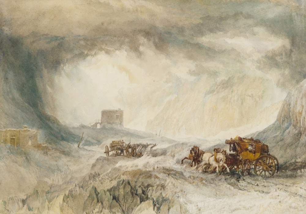 uma pintura de uma carruagem puxada por cavalos na neve