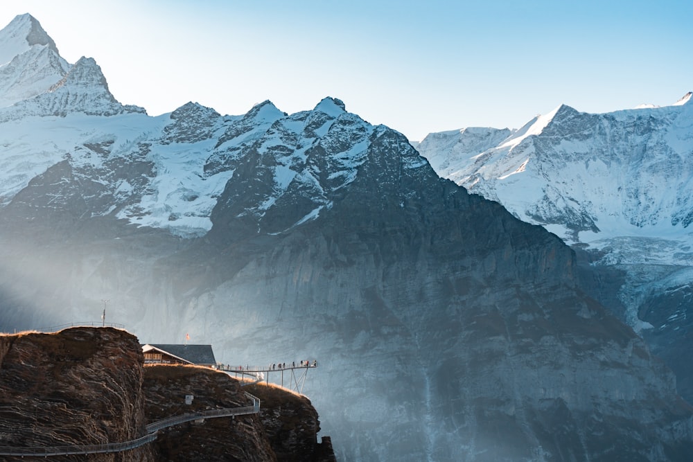 a view of a mountain range with a walkway leading to it