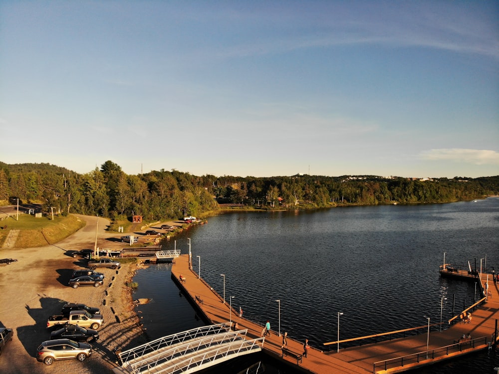 a bridge over a body of water next to a forest