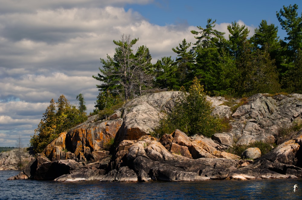 a rocky island surrounded by trees on a cloudy day
