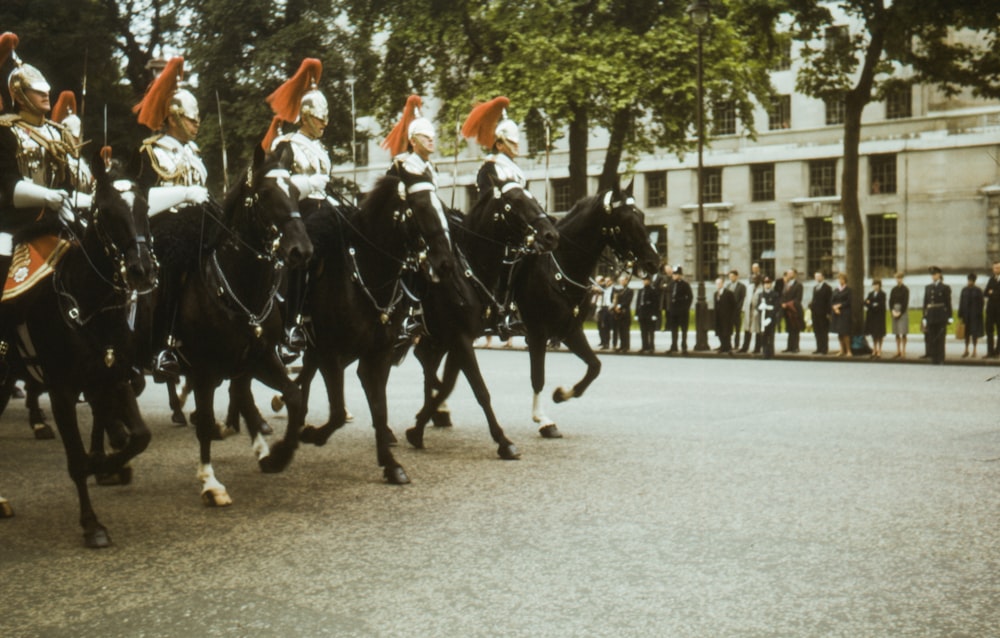 Männer in schwarz-weißer Uniform reiten tagsüber auf schwarzen Pferden
