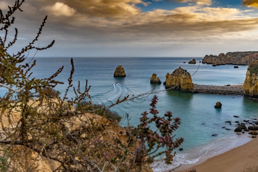 brown rock formation on seashore during sunset
