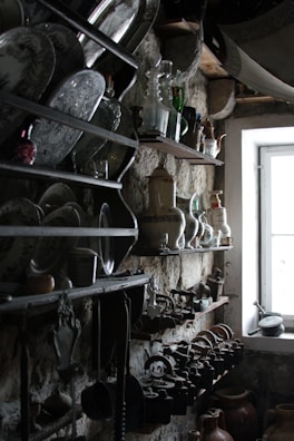 Rustic shelves filled with pre-loved treasures.