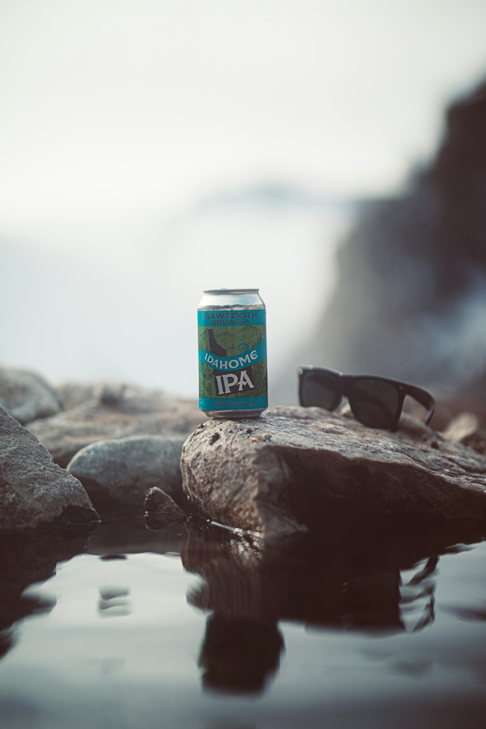 blue and white labeled can on brown rock near water