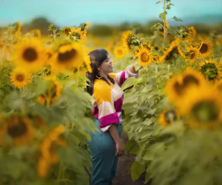 Girl in a pink shirt and denim jeans in a sunflower field