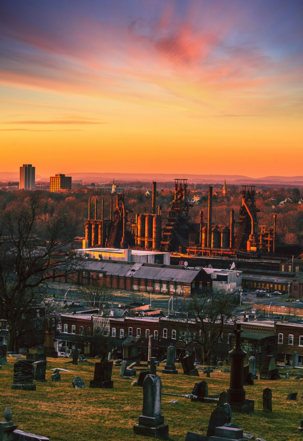 aerial view of city during sunset