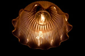 A glowing lightbulb encased in a ribbed, ruffled lampshade, casting warm, golden light against a dark background. The intricate pattern of the shade creates a visually striking, symmetrical design, highlighting the filament within the bulb.