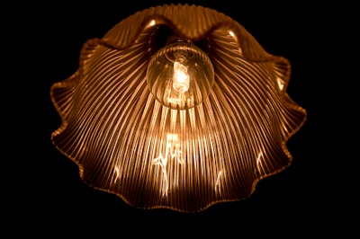 A glowing lightbulb encased in a ribbed, ruffled lampshade, casting warm, golden light against a dark background. The intricate pattern of the shade creates a visually striking, symmetrical design, highlighting the filament within the bulb.
