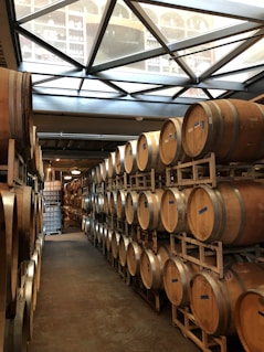 Cellar room with oak barrels