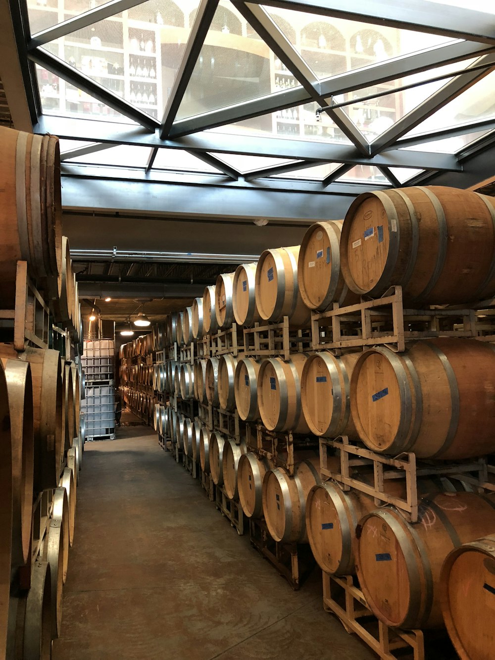 brown wooden barrels in a room