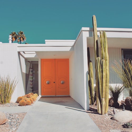House with orange door and cacti nearby 