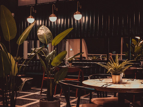 A softly lit dining room with dark green accents, white tablecloths, and guests enjoying intimate meals.