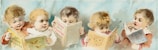 Five young children appear to be reading from various colorful books with illustrations on the covers. The children are seated closely together, engrossed in their books. Each child has distinct hair color and expression, contributing to a playful and whimsical atmosphere.