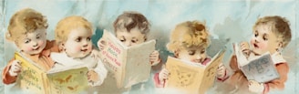 Five young children appear to be reading from various colorful books with illustrations on the covers. The children are seated closely together, engrossed in their books. Each child has distinct hair color and expression, contributing to a playful and whimsical atmosphere.
