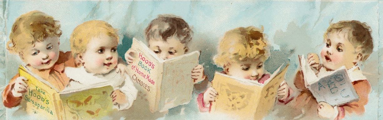 Five young children appear to be reading from various colorful books with illustrations on the covers. The children are seated closely together, engrossed in their books. Each child has distinct hair color and expression, contributing to a playful and whimsical atmosphere.