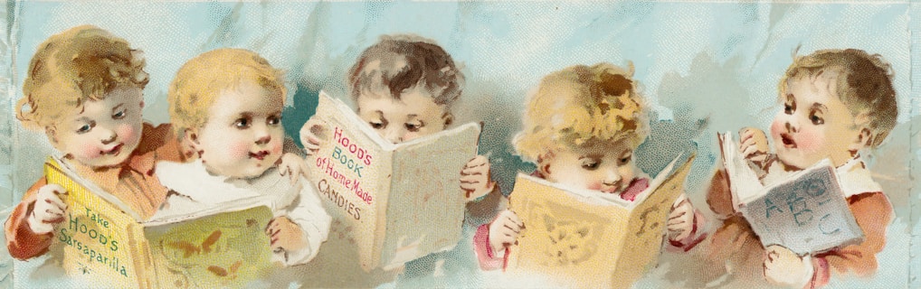 Five young children appear to be reading from various colorful books with illustrations on the covers. The children are seated closely together, engrossed in their books. Each child has distinct hair color and expression, contributing to a playful and whimsical atmosphere.
