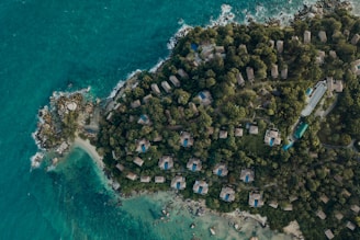 Aerial view of a beautiful coastal property surrounded by greenery.