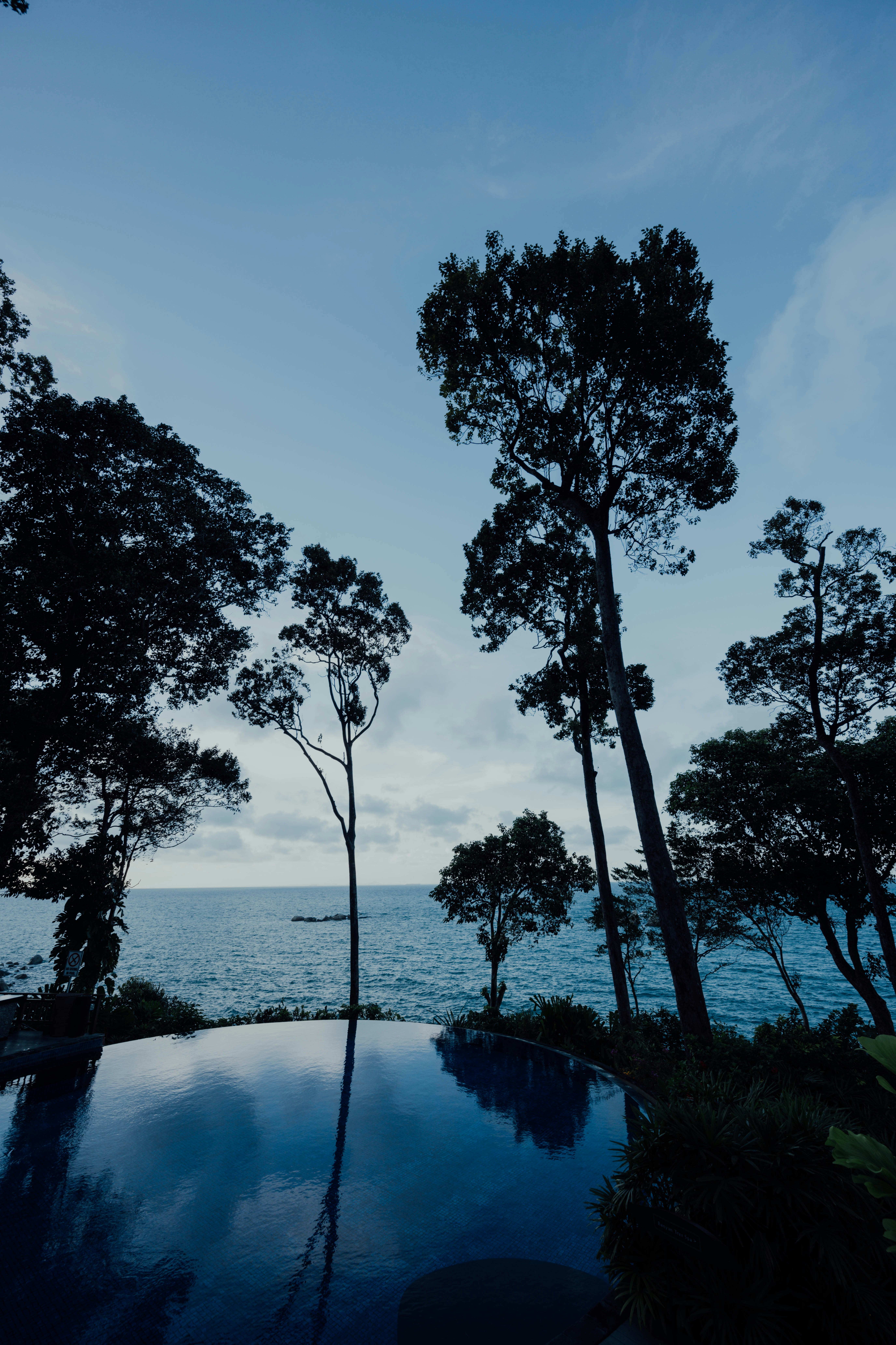 Infinity pool overlooking dark ocean at dusk, dramatic shadows, moody twilight luxury