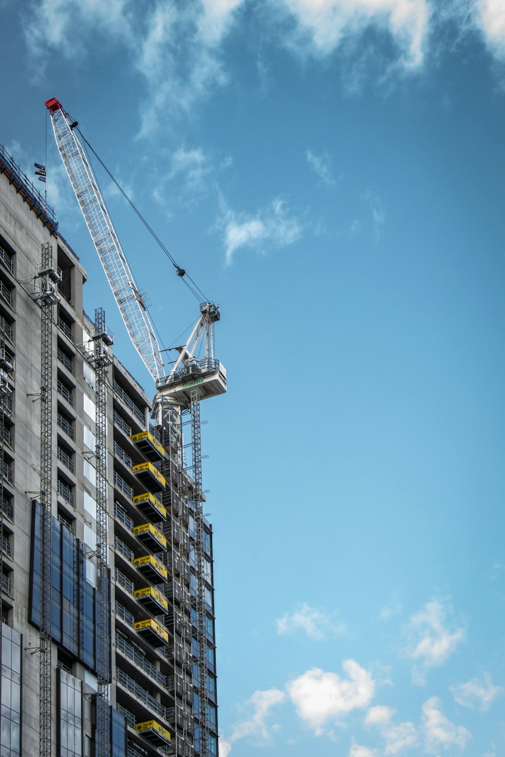 white and black crane near white concrete building during daytime