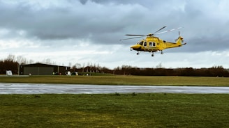 yellow and black helicopter on green grass field under cloudy sky during daytime